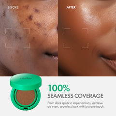 Application close-up on cheek showing buildable coverage and silky texture