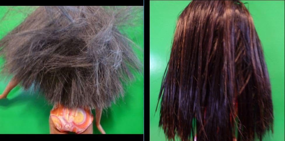 Closeup of smooth, glossy doll hair after using EasyHair