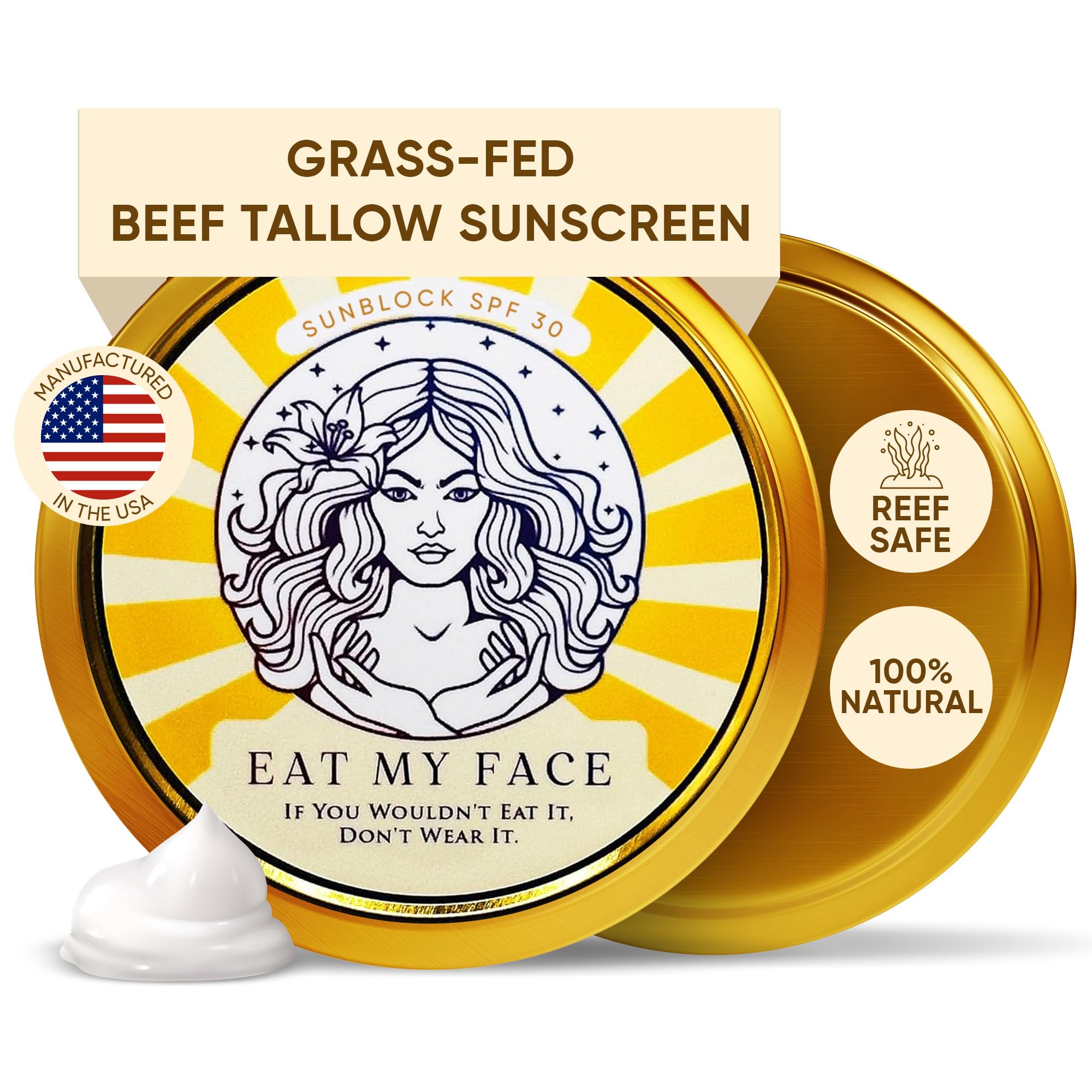 Eat My Face Beef Tallow Sunscreen SPF 30 jar for daily mineral protection in a travel-friendly container.