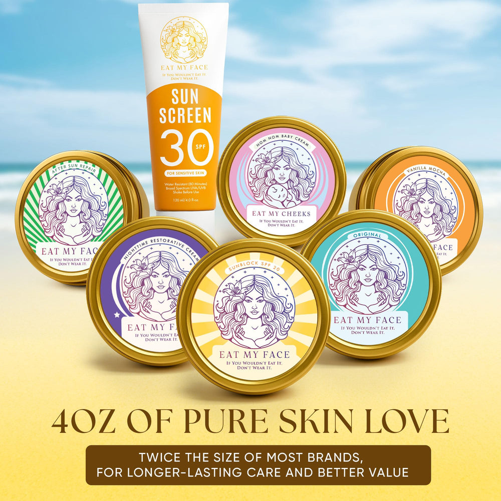 Eat My Face SPF 30 mineral sunscreen blocks UVA/UVB with a natural, chemical-free formula.
