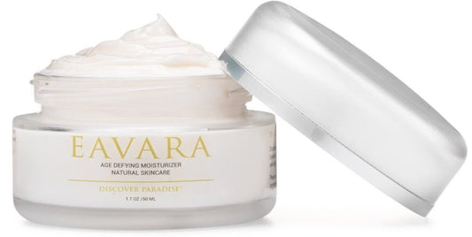 Eavara anti aging moisturizer jar closeup, rich cream for deep hydration.