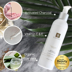 Eavara Organic Face Wash activated charcoal close-up highlights gentle exfoliation for clearer pores.