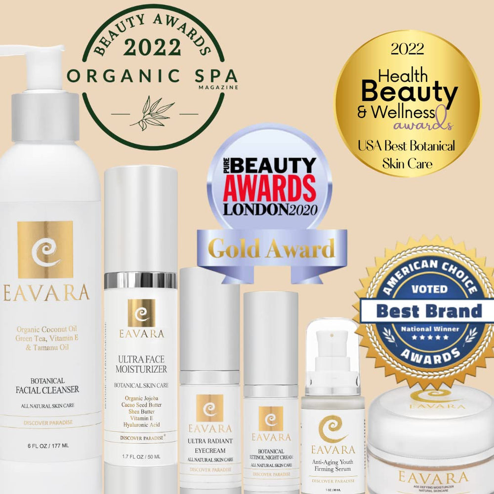 Eavara vitamin E and collagen visuals highlight antioxidant support for a healthier look.