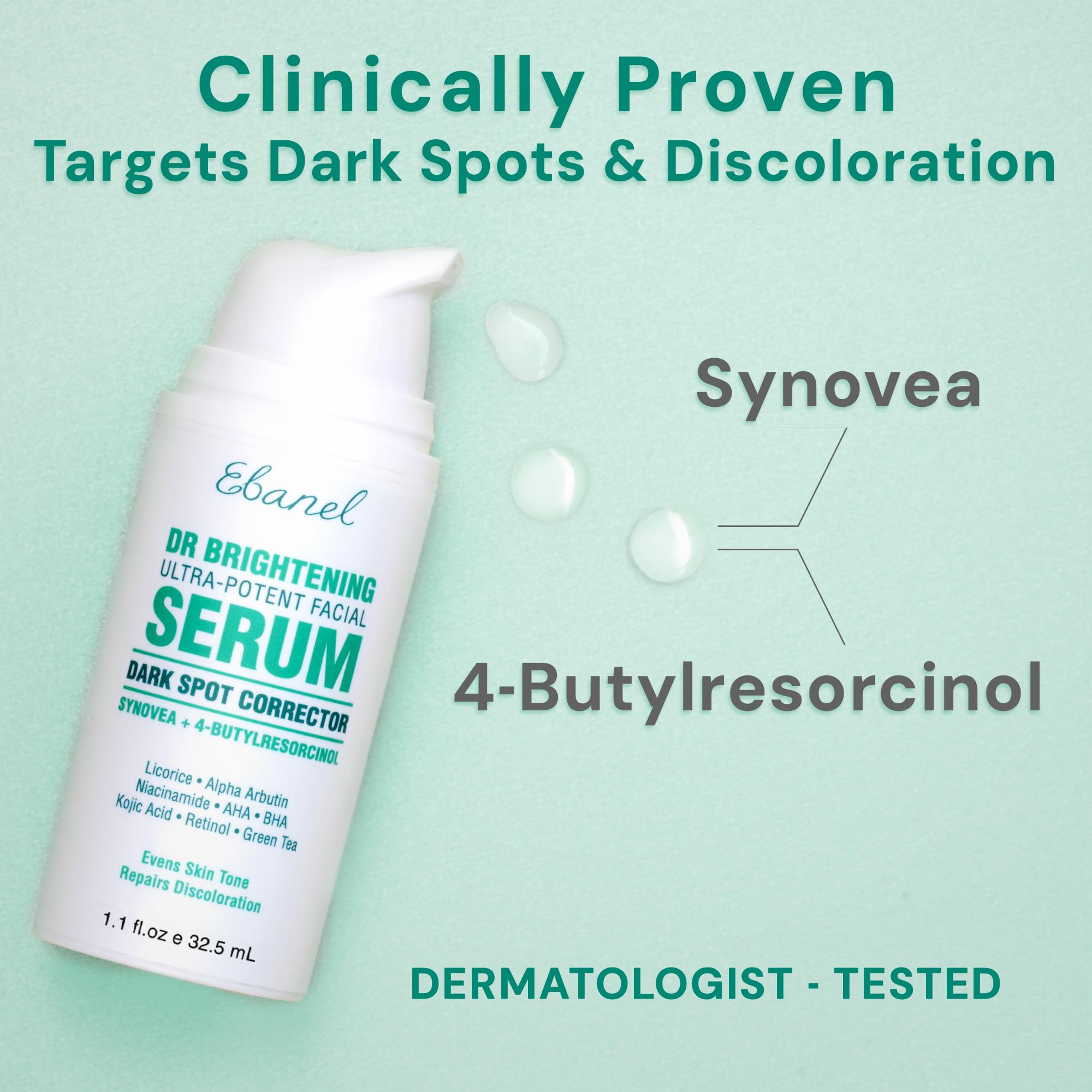 Ebanel dark-spot serum texture-closeup highlights creamy consistency for easy application.