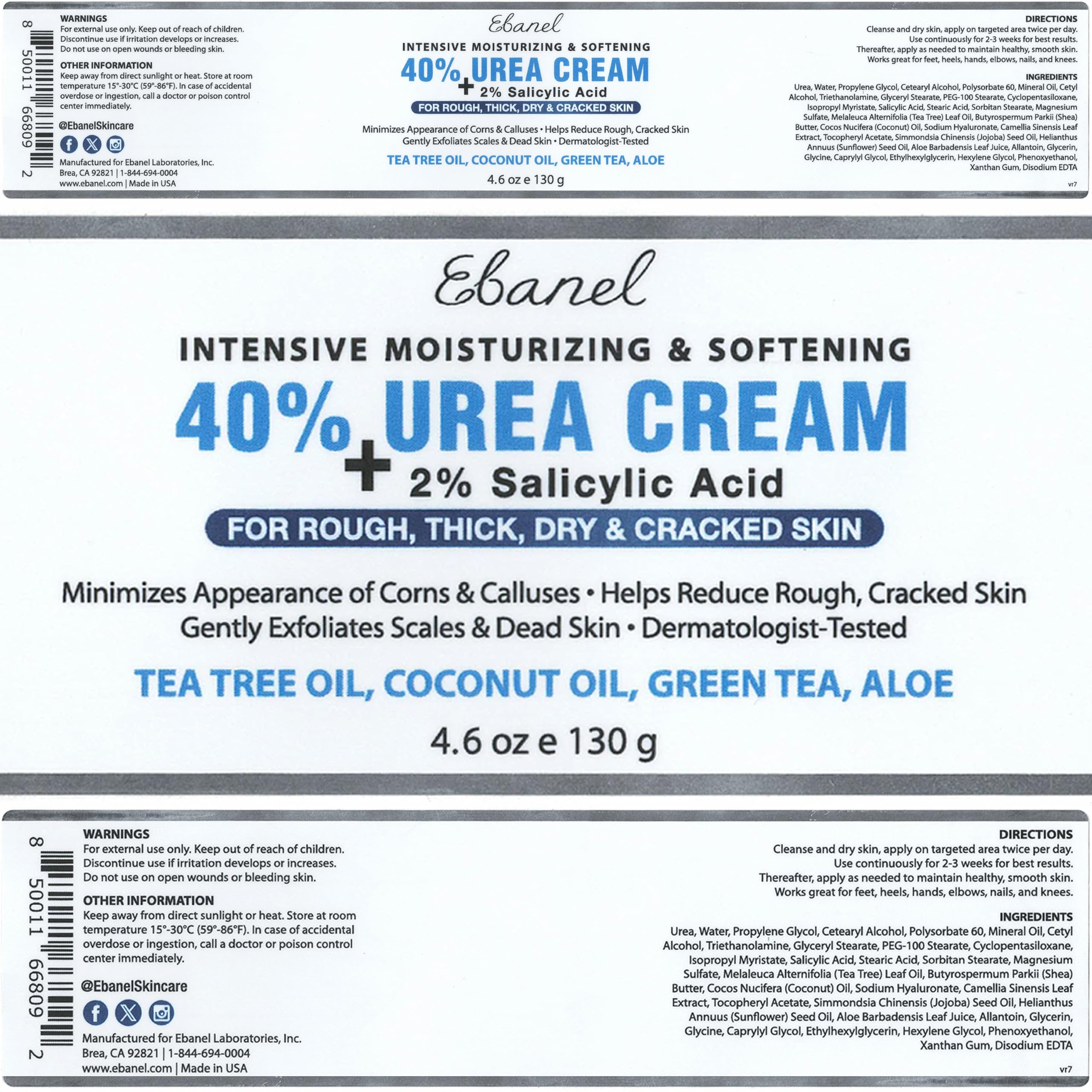 Ebanel Urea Cream 40% ingredients tea tree and aloe visuals