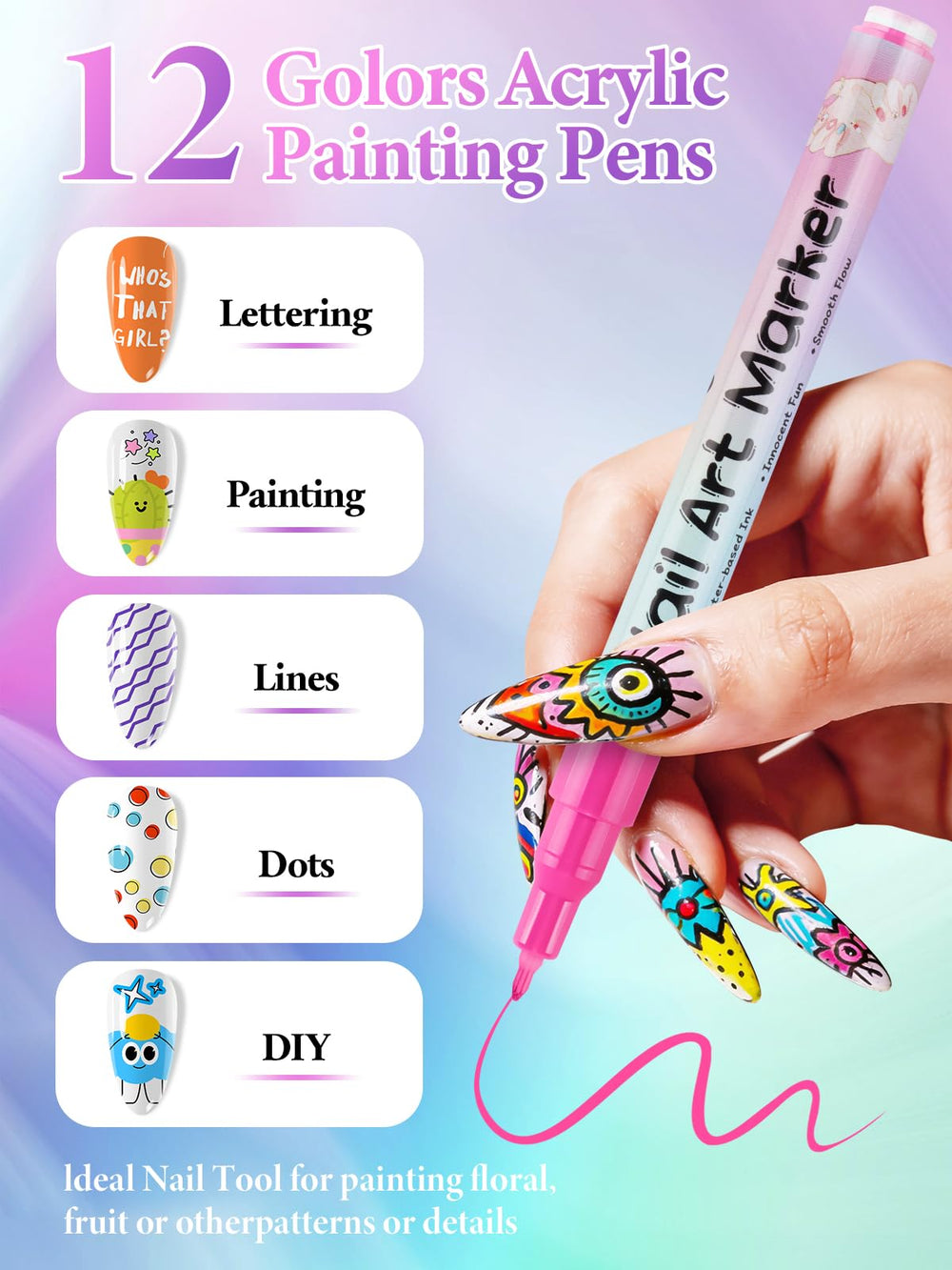 EBANKU 0.7mm nail art pen tip detailing precise patterns on nails