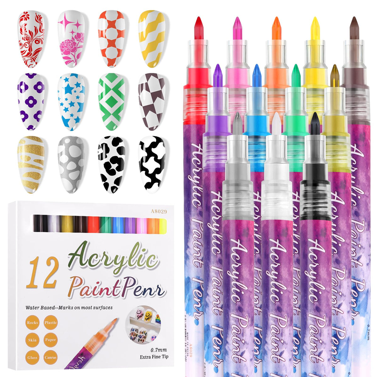 EBANKU 12-color nail art pens color palette for vibrant at-home designs.