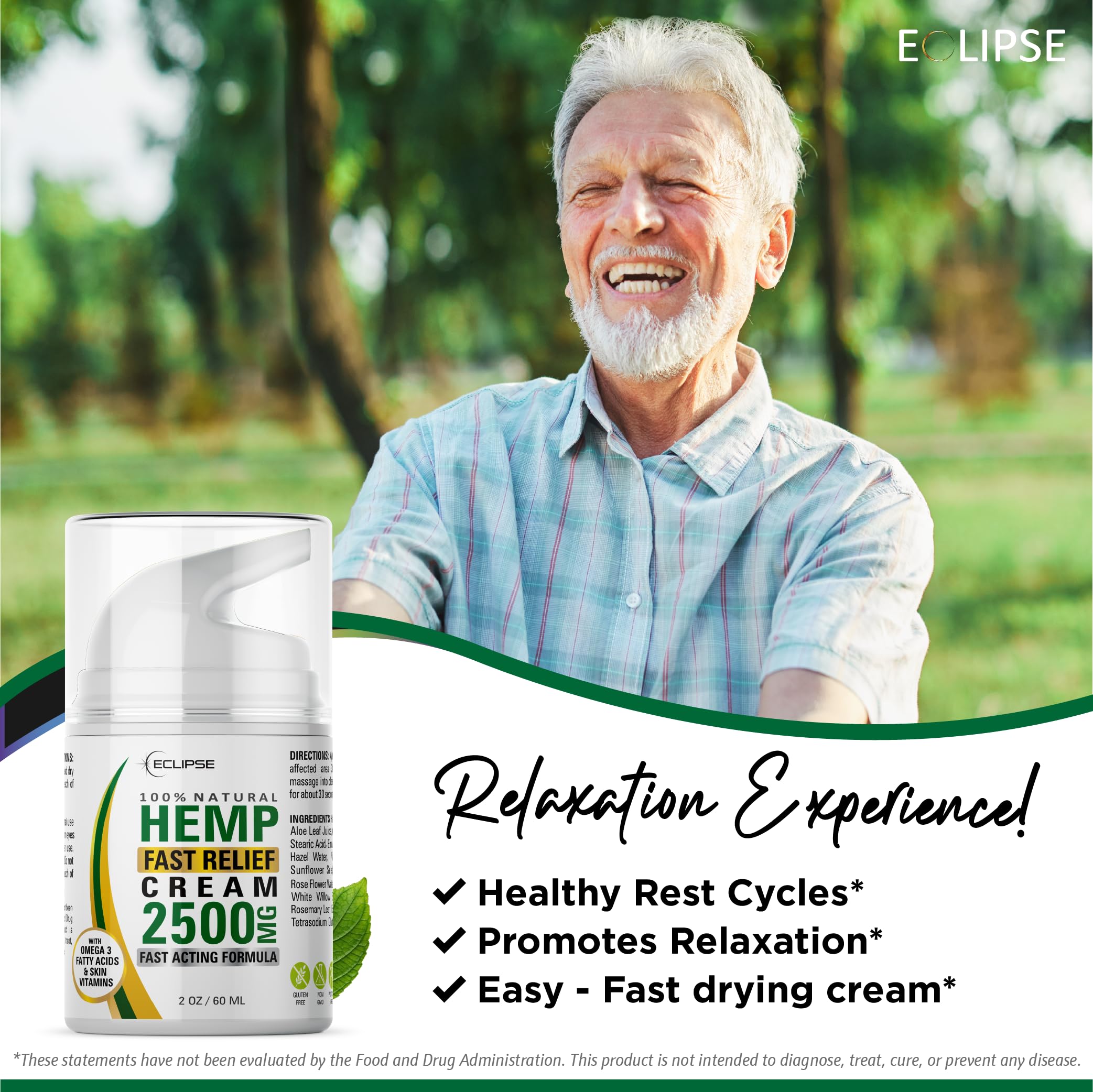 Eclipse Hemp Cream all-natural ingredients image showcases omega oils for skin health.