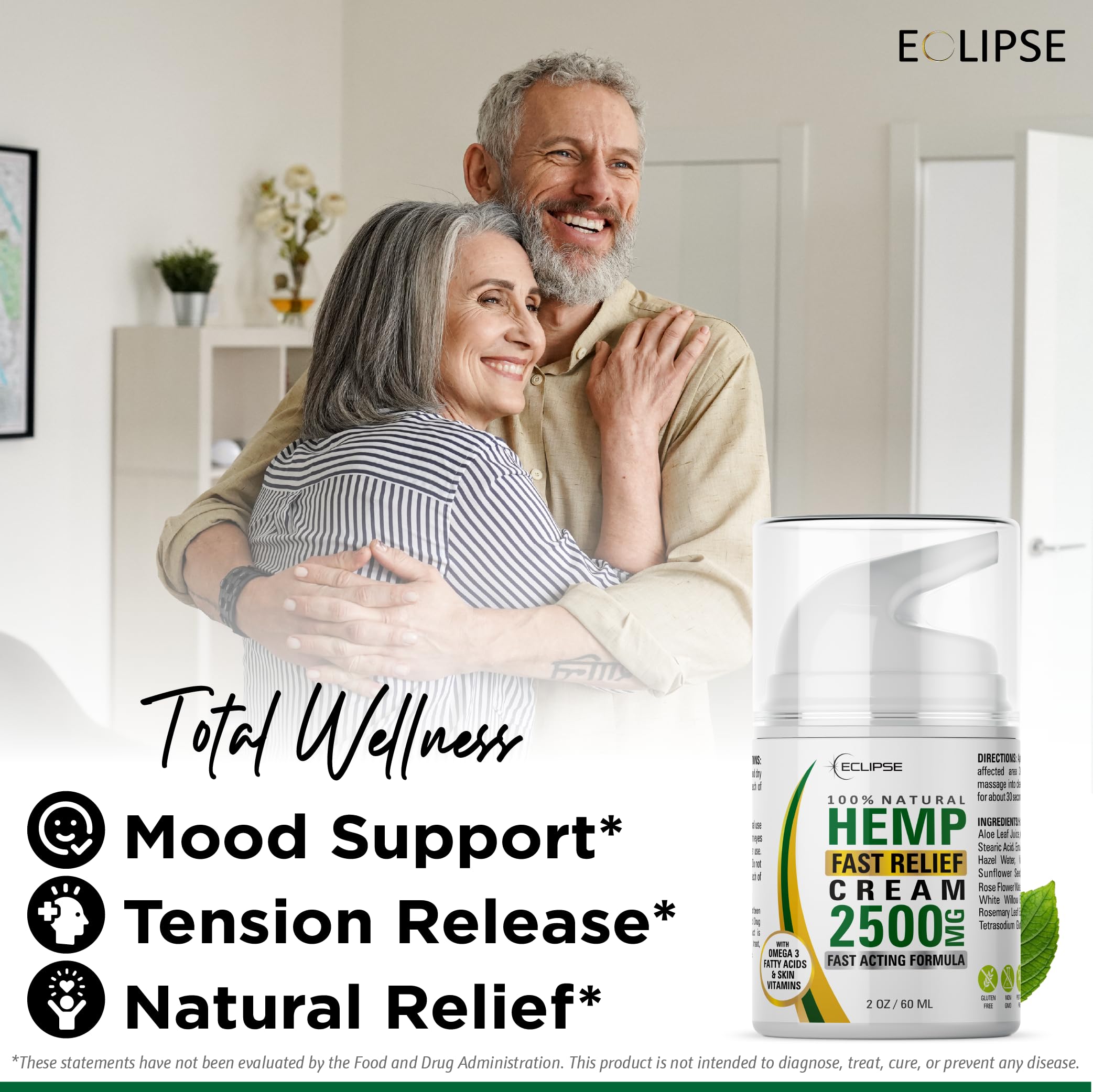 Eclipse Hemp Cream with Arnica oils highlights natural relief blend.