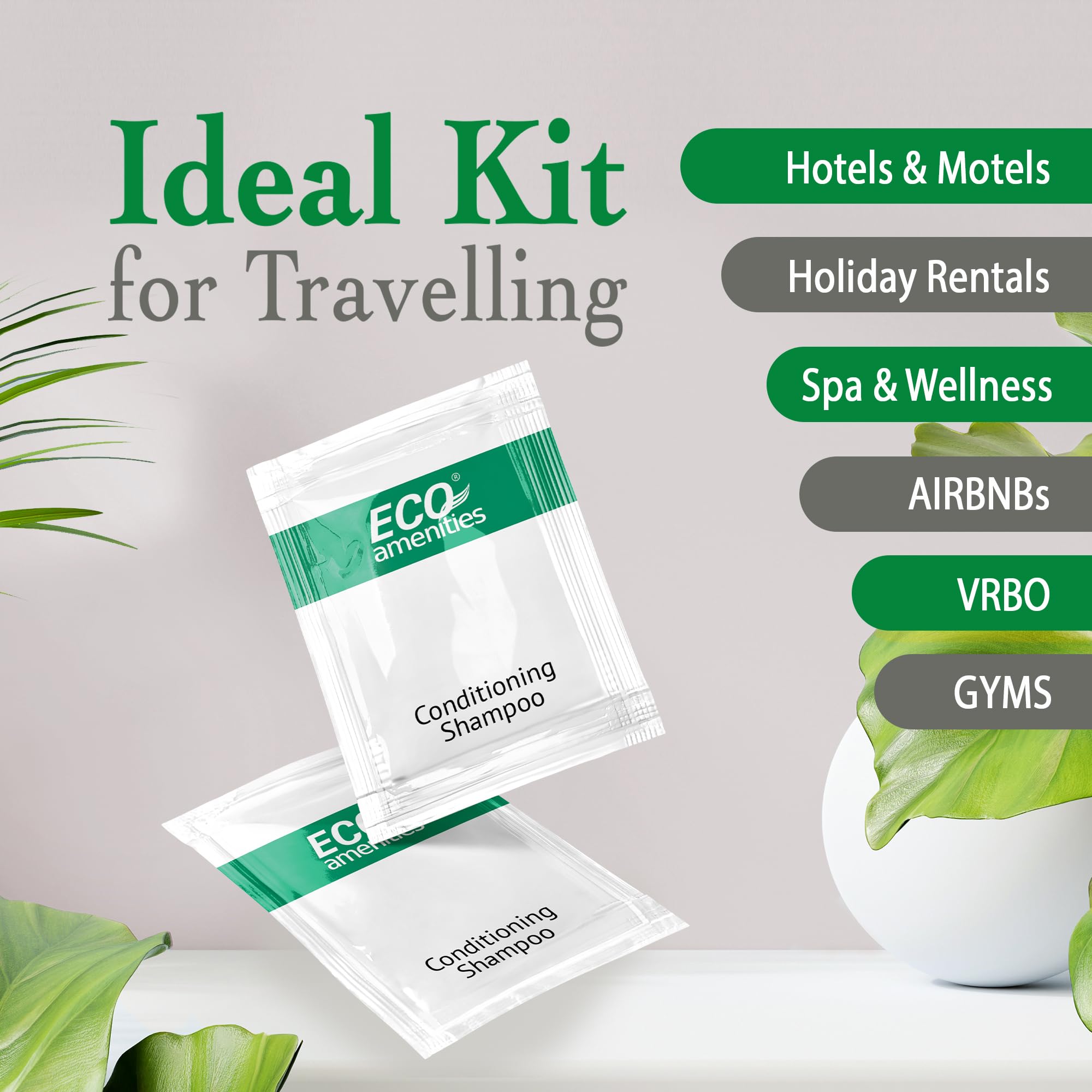 Eco Amenities 100-pack travel-size sachets offer guests convenient bathroom care.