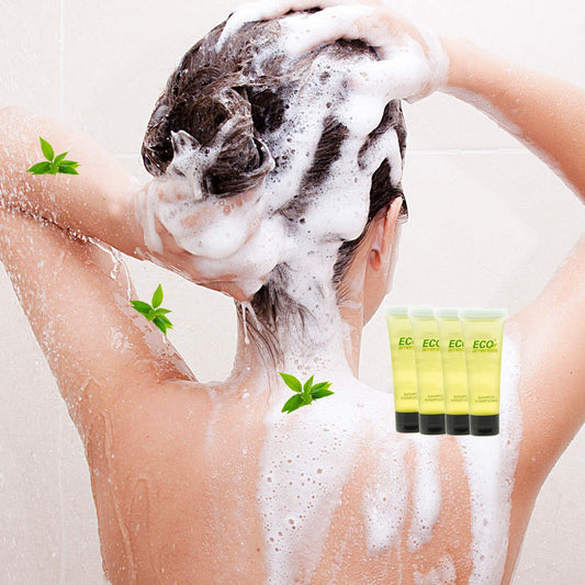 Eco Amenities green tea scent packaging highlights natural formula for hotels and airlines.