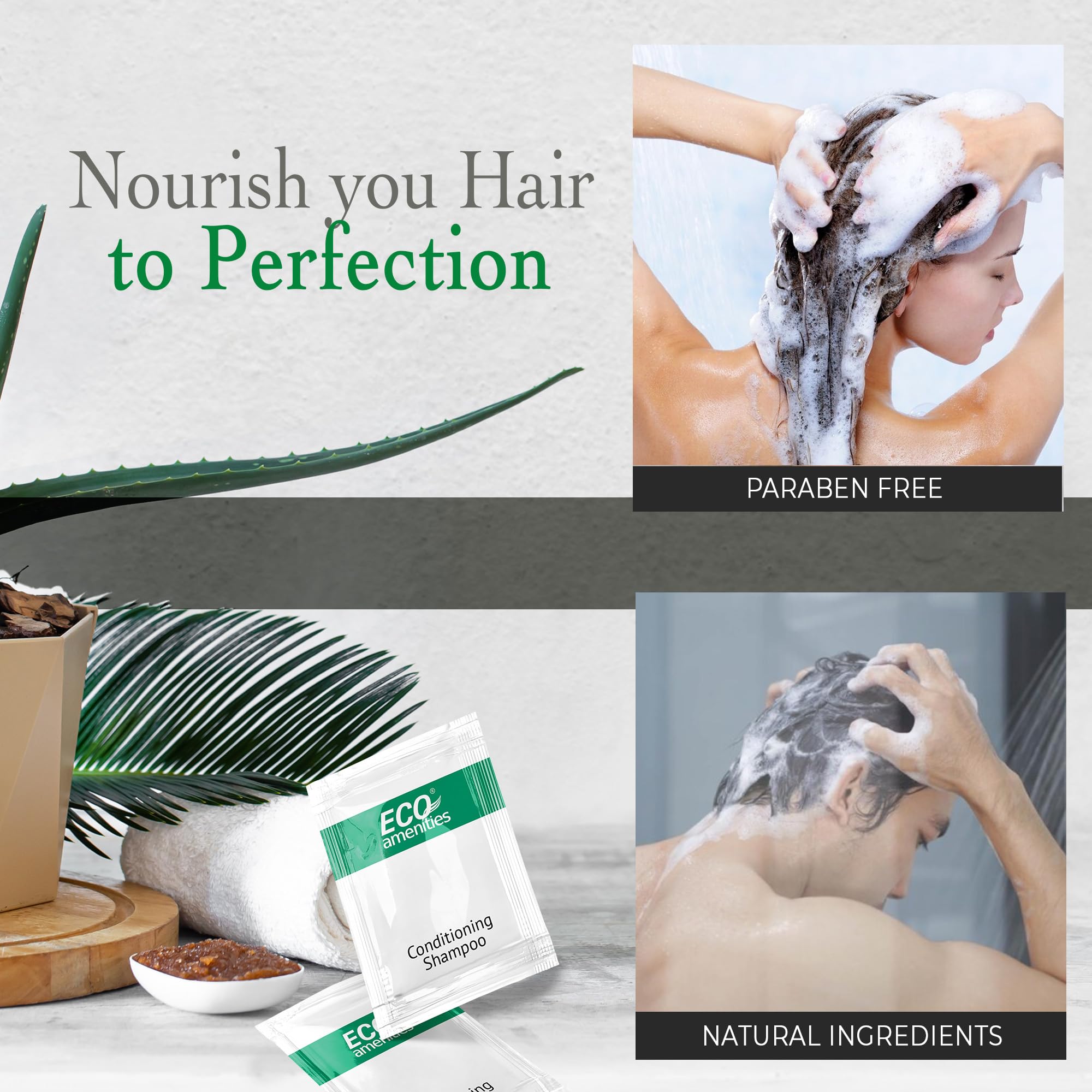 Eco Amenities green tea scent shampoo and conditioner for gentle cleansing.