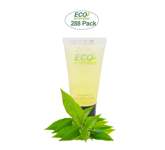 Eco Amenities green tea shampoo tubes with fresh fragrance for guest use.