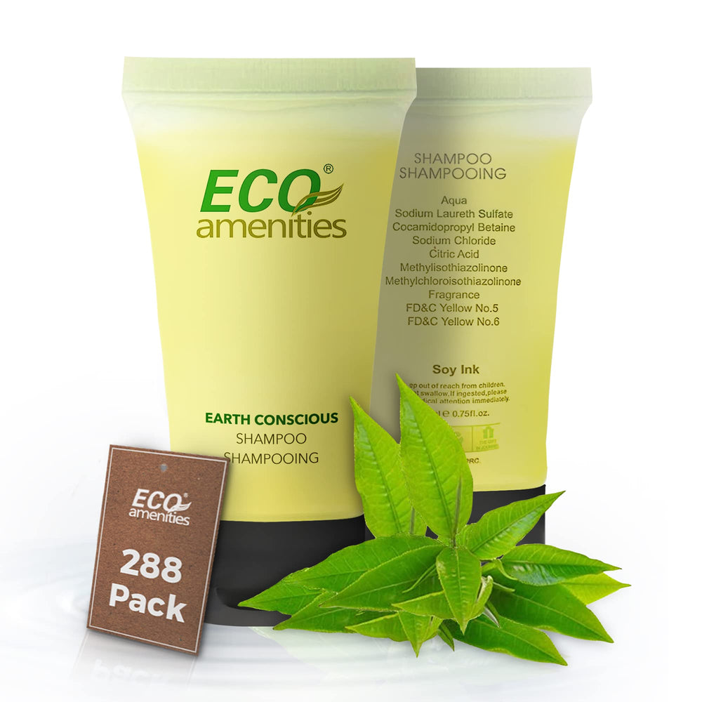 Eco Amenities hotel shampoo tubes pack for bulk guest amenities in a hospitality setting.