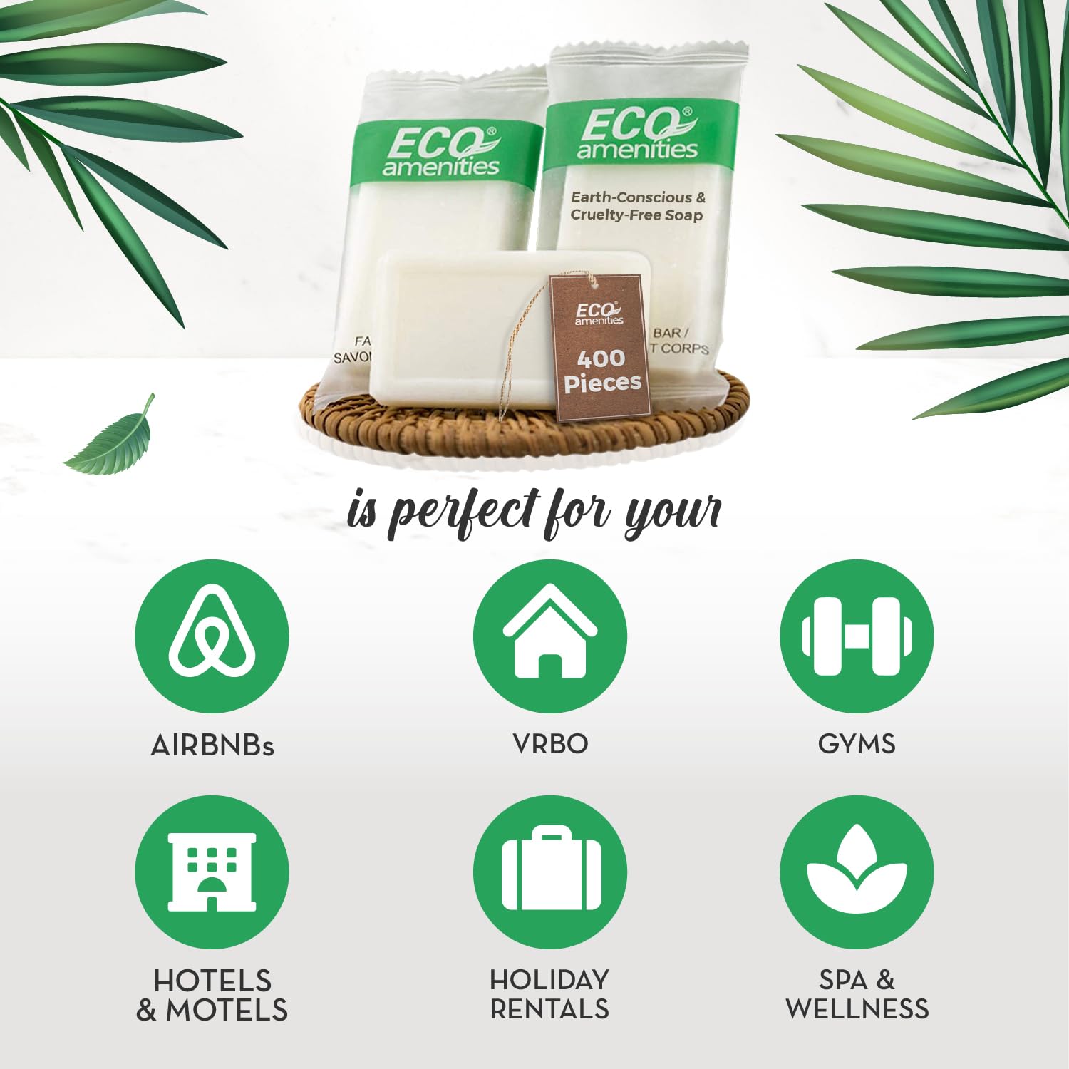 Mini 0.5oz soap bars individually wrapped for guest rooms.