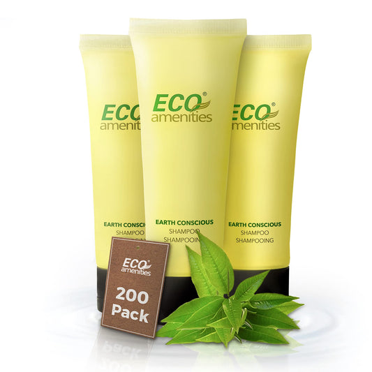 Eco Amenities travel shampoo tubes 200-pack, hotel-ready and TSA-friendly.