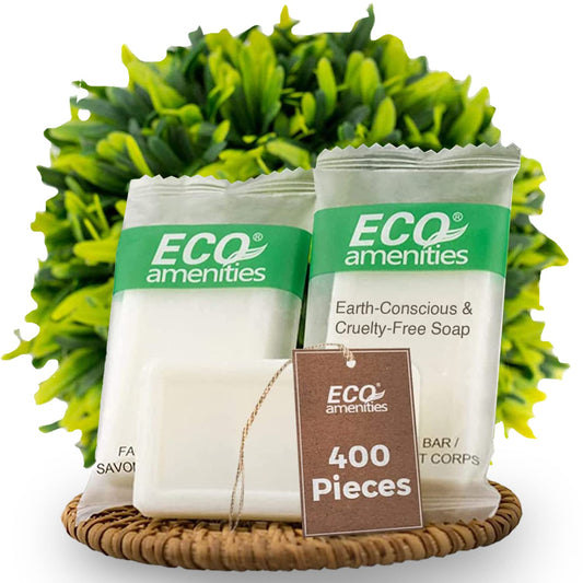 ECO amenities travel-size bar soap 400-pack wrapped for bulk hotel use.