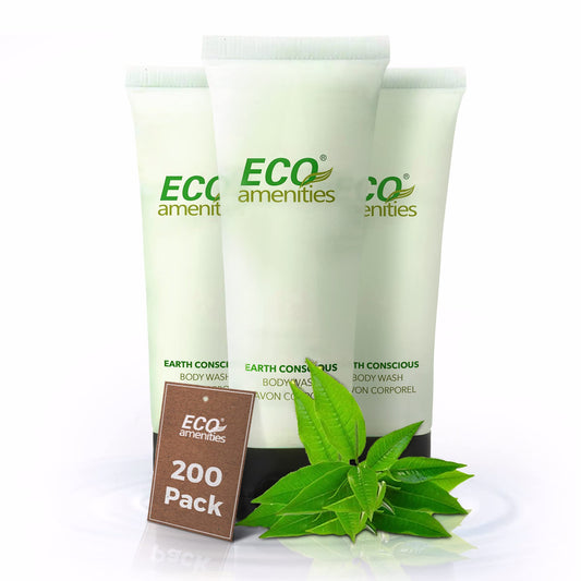 Eco Amenities travel-size body wash bottle with green tea scent for guest rooms.