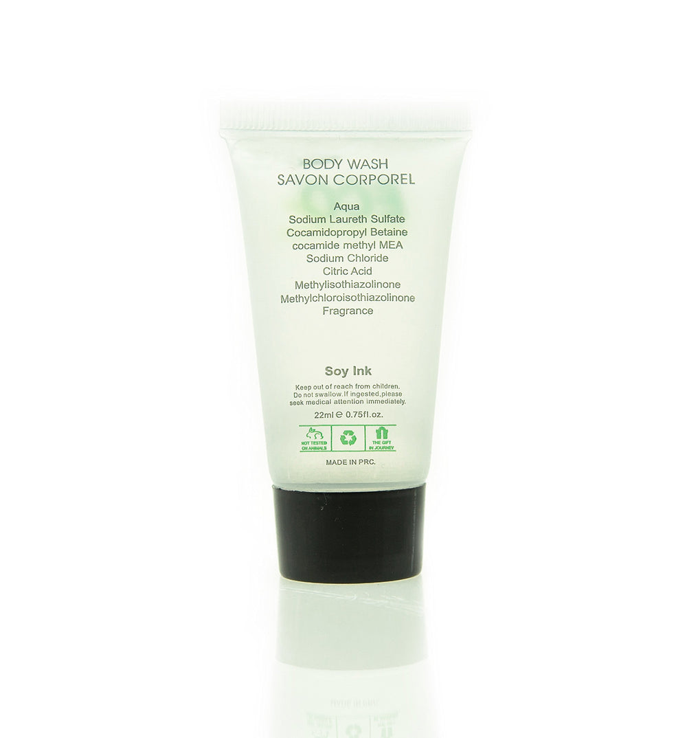 Individual wrapped tubes of Eco Amenities body wash for easy hotel replenishment.