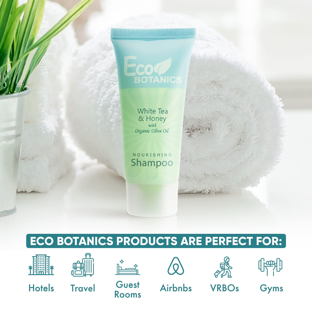 Eco Botanics hotel bathroom display featuring compact shampoo bottles for guest convenience.
