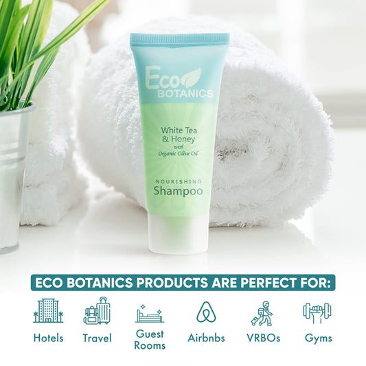 Eco Botanics hotel bathroom display featuring compact shampoo bottles for guest convenience.