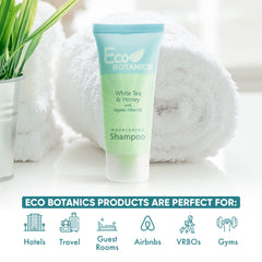 Eco Botanics hotel bathroom display featuring compact shampoo bottles for guest convenience.