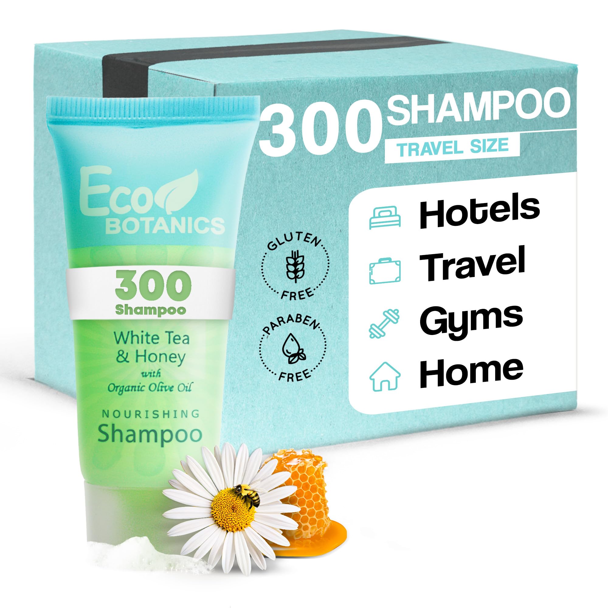 Eco Botanics travel-size shampoo bottles in a 300-count set for hotels, ideal for turnover.