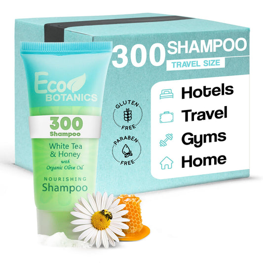 Eco Botanics travel-size shampoo bottles in a 300-count set for hotels, ideal for turnover.