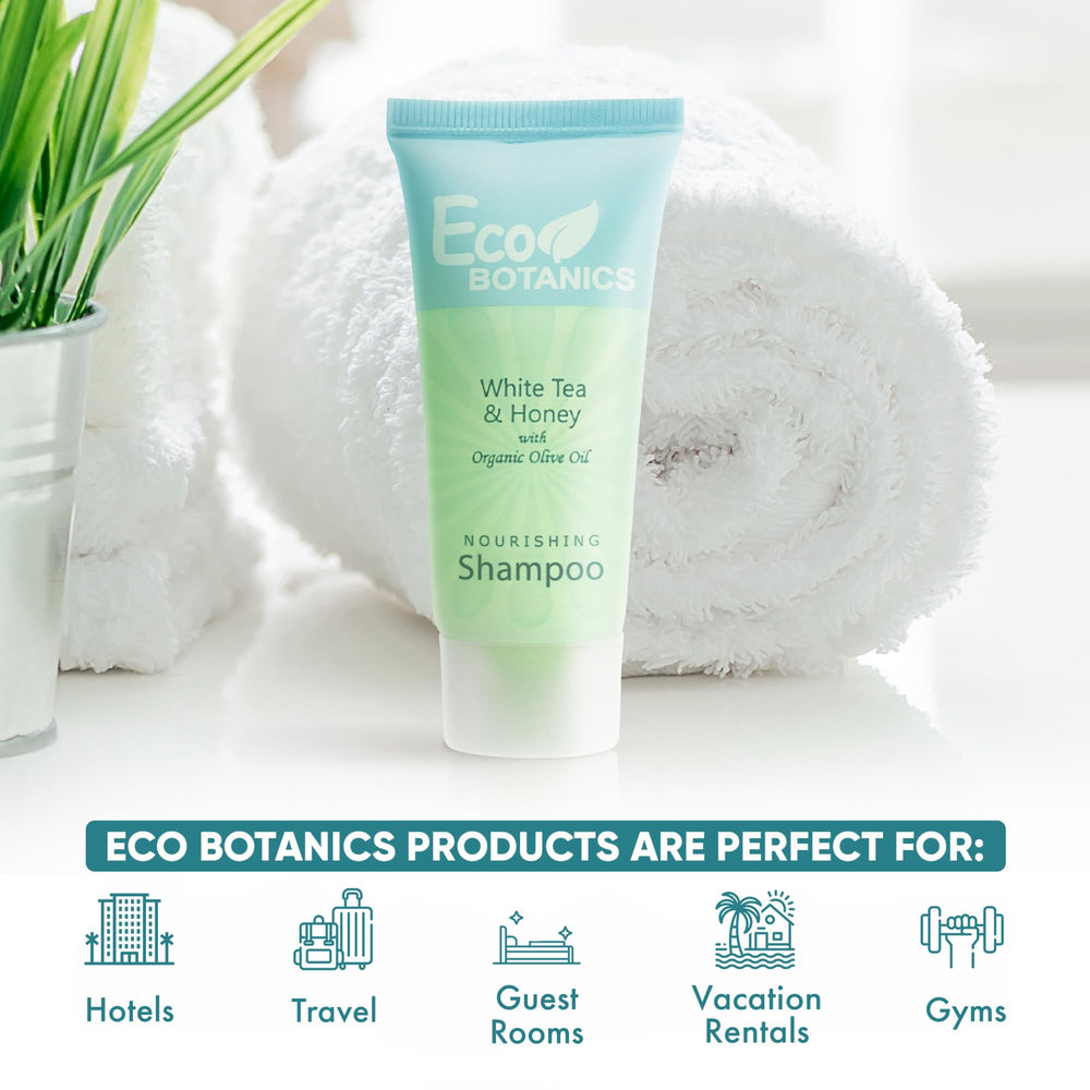 Eco Botanics travel-size shampoo bottle close-up highlights paraben-free formula