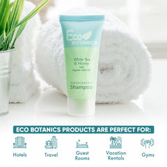 Eco Botanics travel-size shampoo bottle close-up highlights paraben-free formula