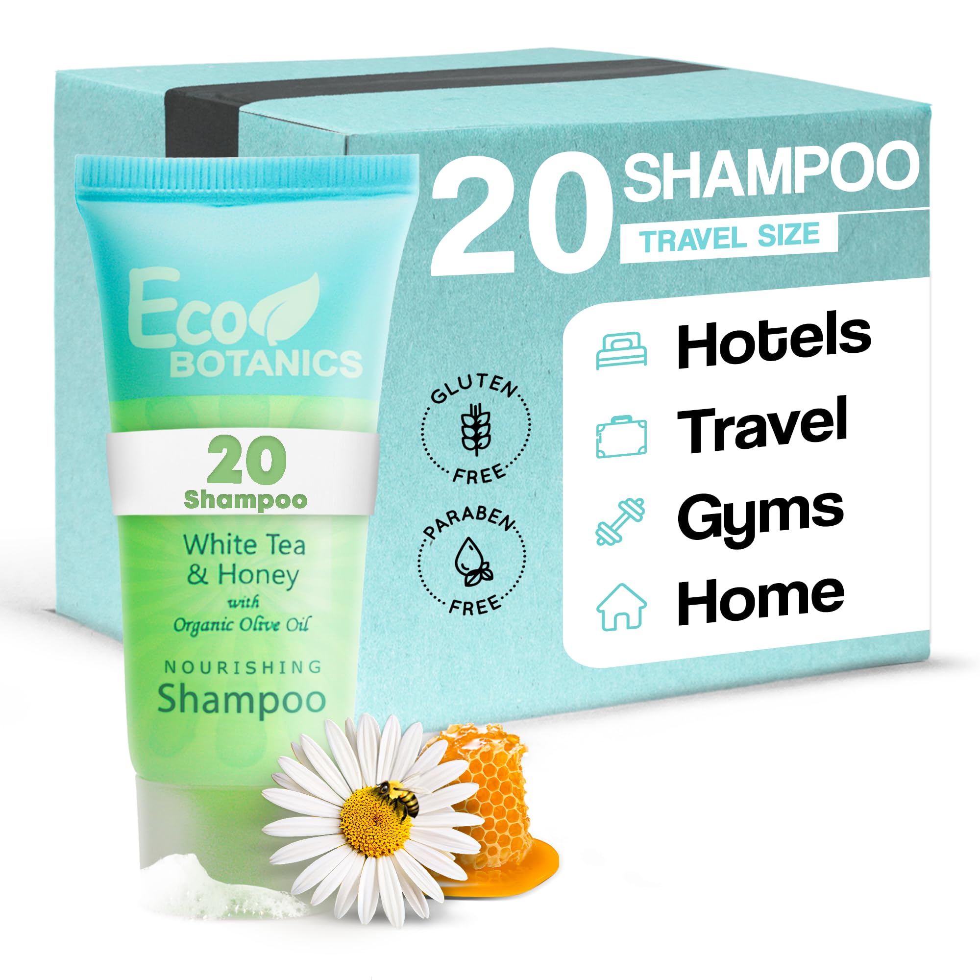 Eco Botanics travel-size shampoo bottle on shelf boosts guest convenience