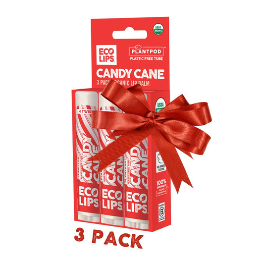 Eco Lips Candy Cane Lip Balm in plant pod packaging for sustainable lip care.