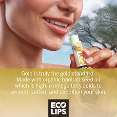 Eco Lips GOLD balm applied on lips during cold weather