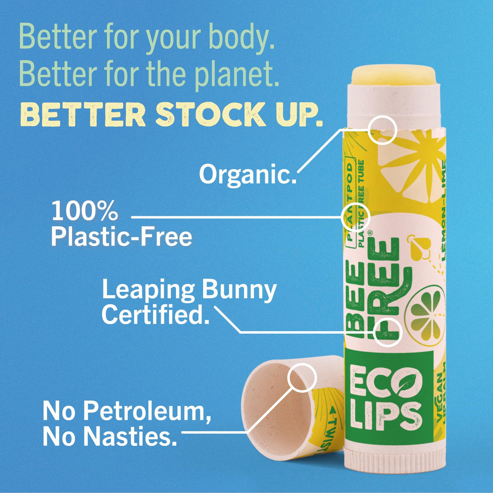 Eco Lips Lemon Lime balm close-up with glossy finish on lips.