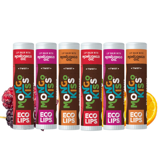 Eco Lips Mongo Kiss lip balm in pomegranate flavor for daily moisture.