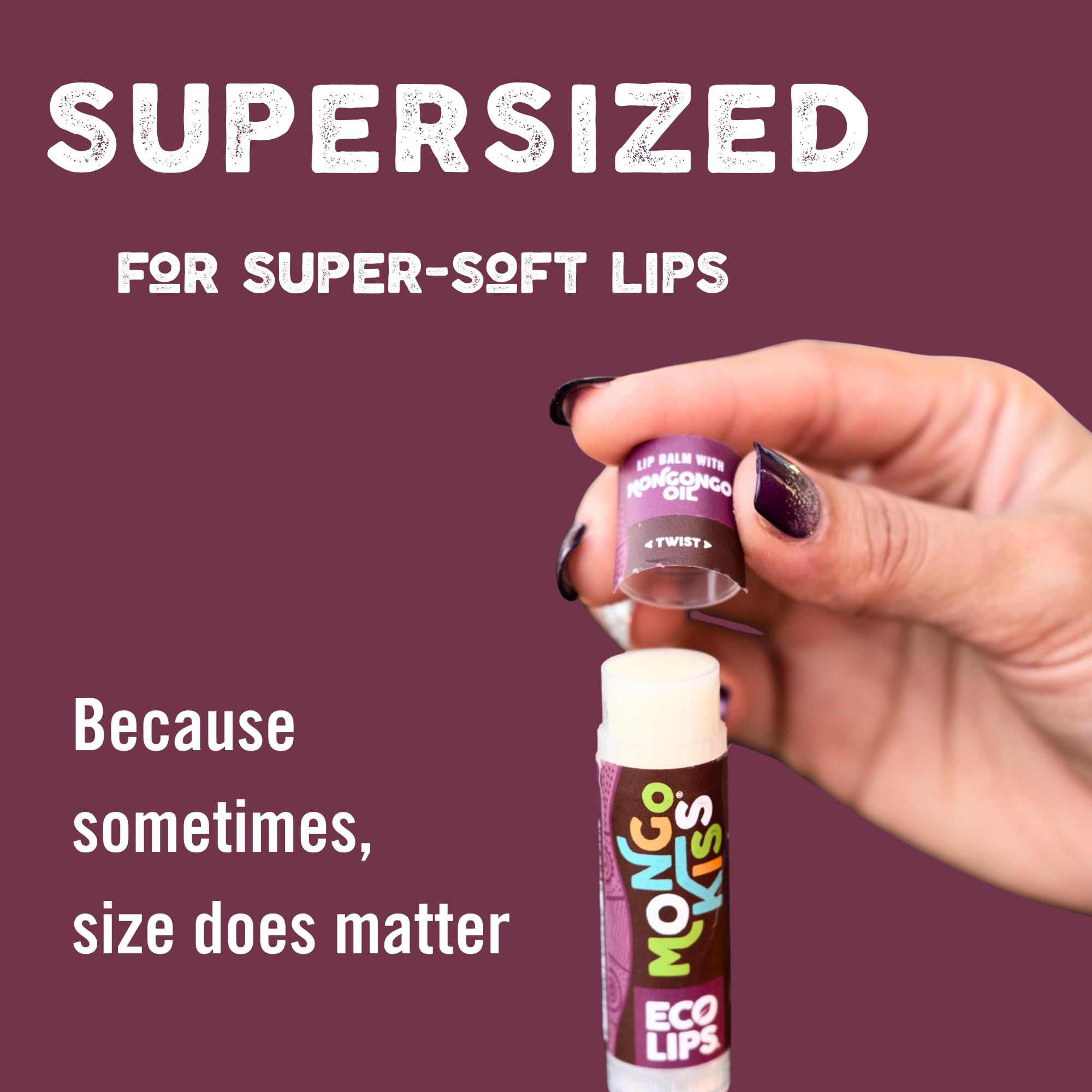 Eco Lips Mongo Kiss tube closeup highlighting oversized balm for longer wear.