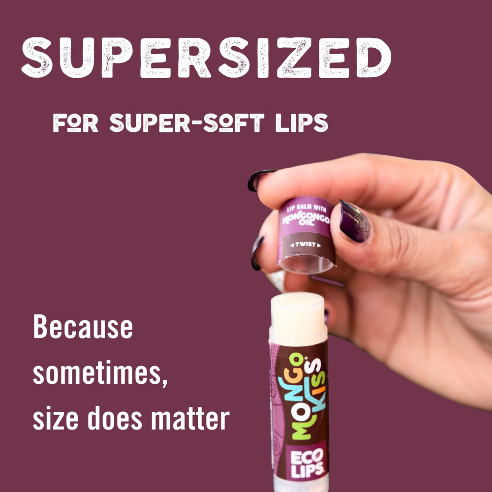 Eco Lips Mongo Kiss tube closeup highlighting oversized balm for longer wear.