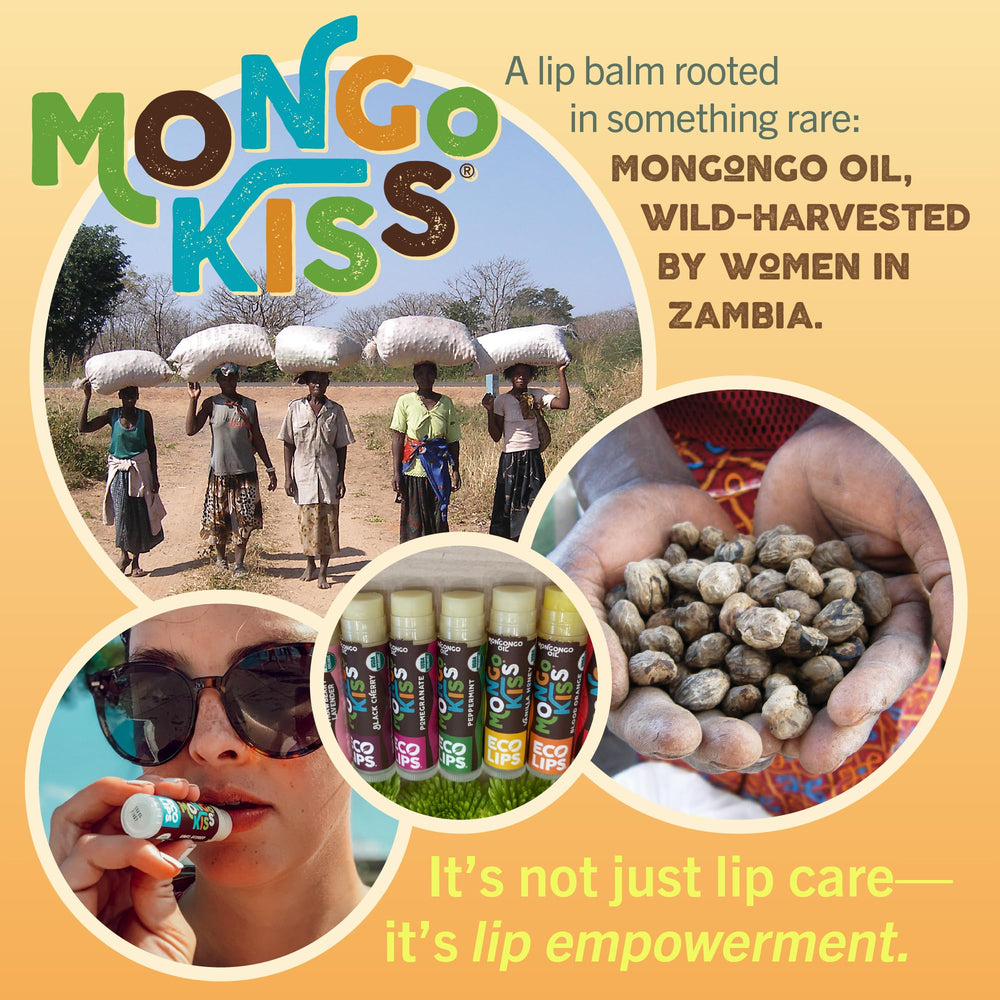 Eco Lips Mongo Kiss Yumberry balm helps soften lips with tropical sweetness.