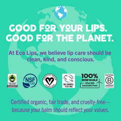 Vegan, beeswax-free formula uses candelilla wax in Eco Lips lip balm.