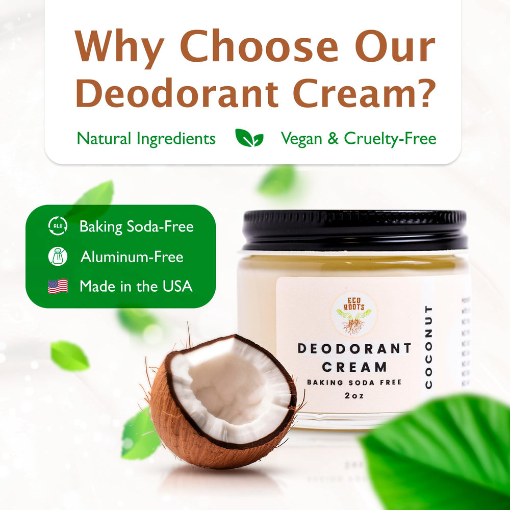 ECO ROOTS baking soda-free formula visible for gentle underarm care.