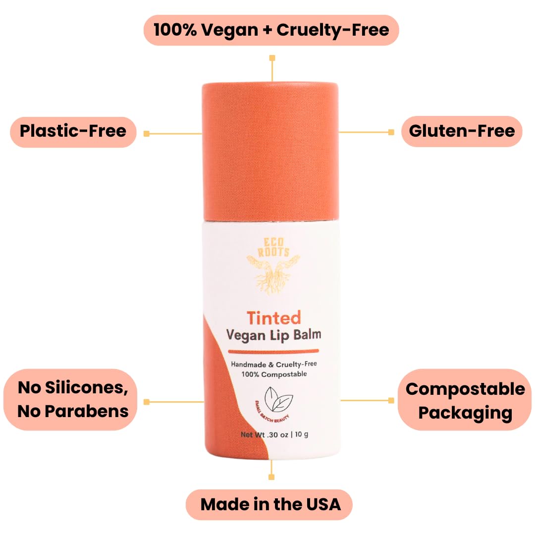 Compostable packaging highlights ECO ROOTS zero-waste lip care.