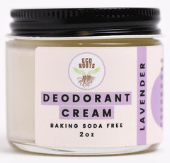 Eco Roots lavender deodorant cream jar shows all-day odor control.
