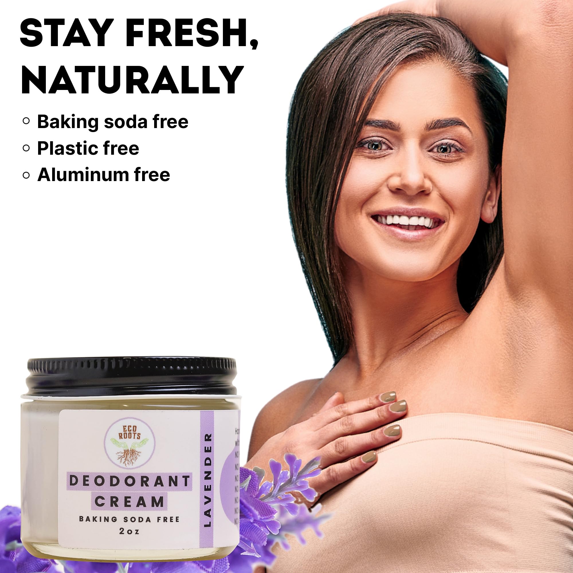 Eco Roots lavender deodorant cream application demonstrates creamy texture.