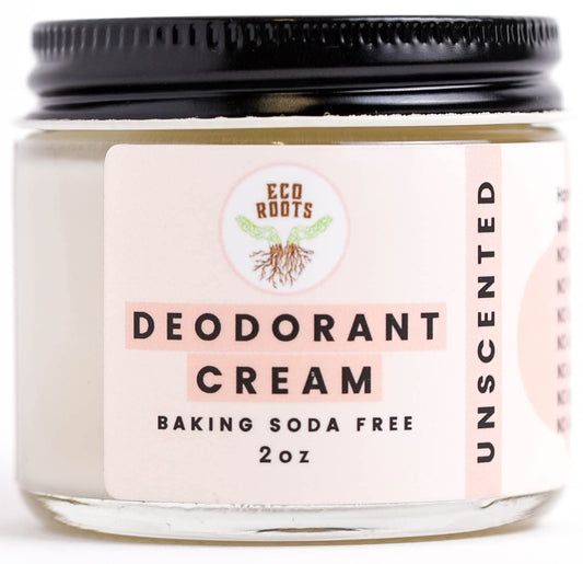 Eco Roots natural deodorant cream jar shows smooth texture for underarms