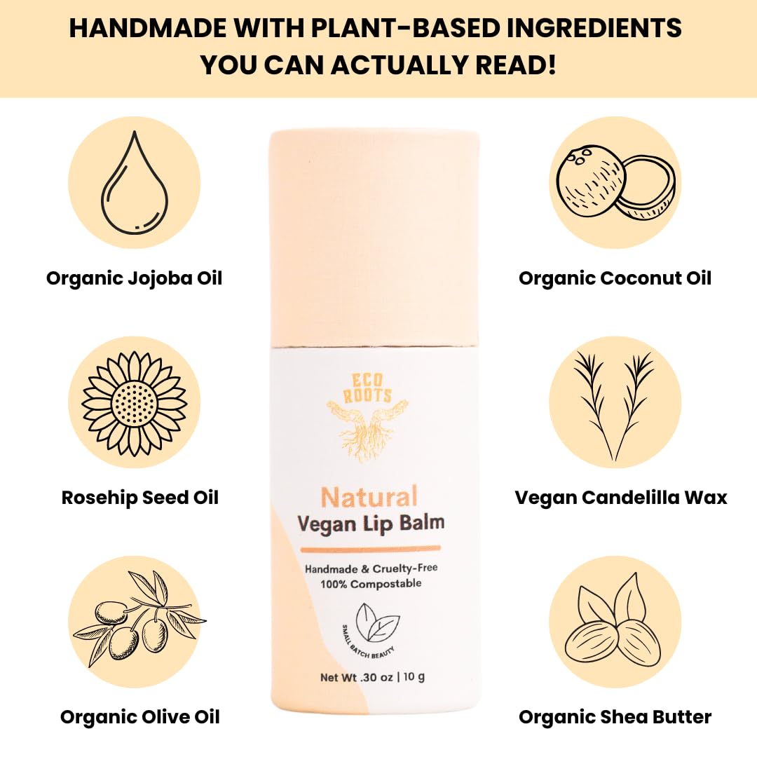Eco Roots organic coconut oil infusion nourishes lips gently.