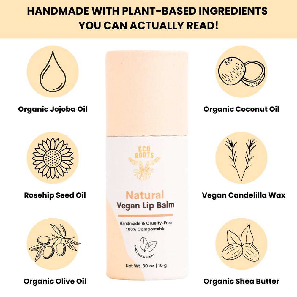 Eco Roots organic coconut oil infusion nourishes lips gently.
