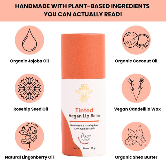 Close-up of organic ingredients in ECO ROOTS lip balm for hydration.