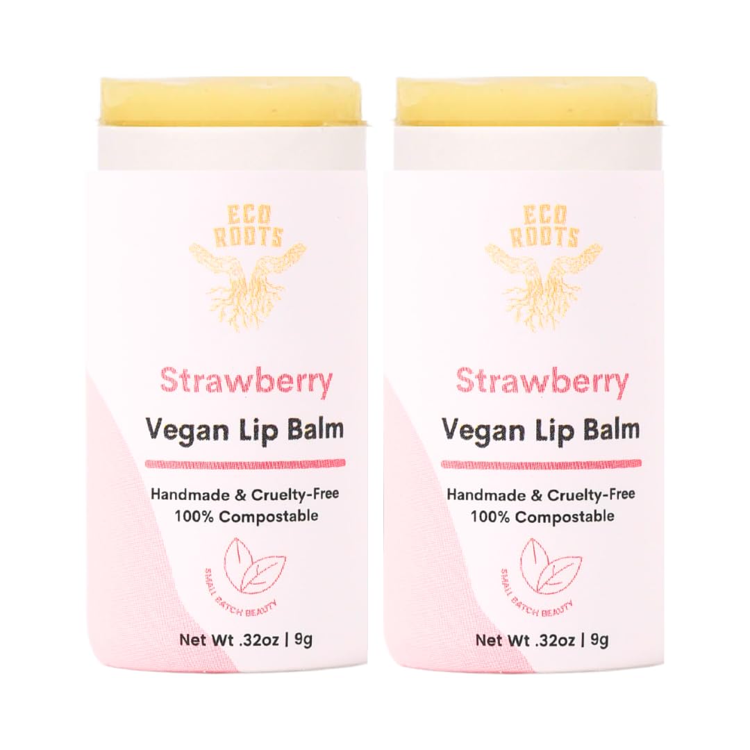 Eco Roots strawberry scented lip balm 2-pack tubes, delivering hydration and a refreshing aroma.