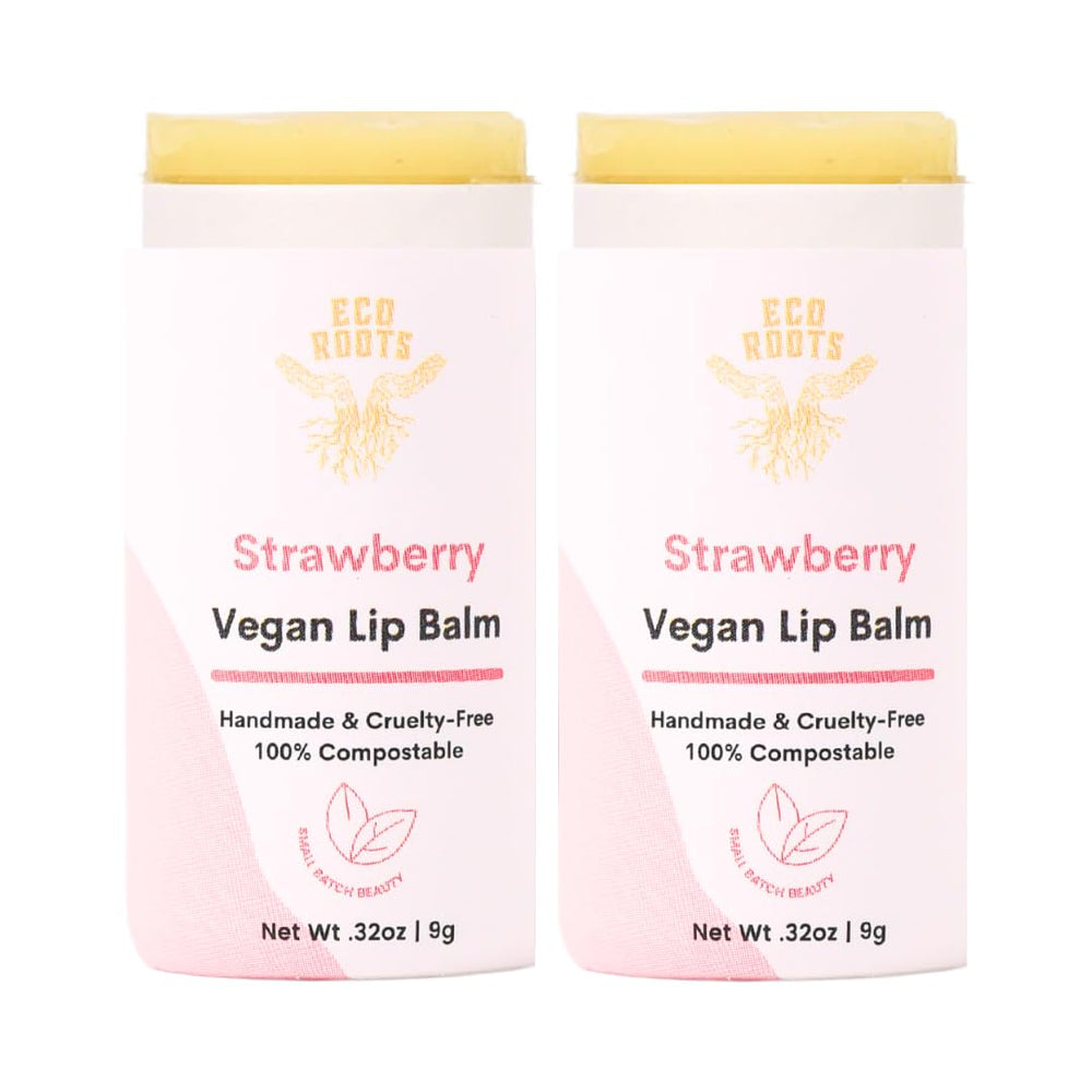 Eco Roots strawberry scented lip balm 2-pack tubes, delivering hydration and a refreshing aroma.