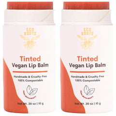 ECO ROOTS tinted lip balm 2-pack packshot with compostable packaging.
